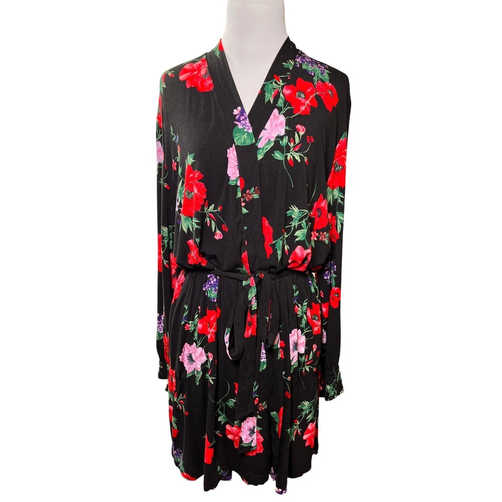 Soma Cool Nights Black Floral Robe XL Red Pink Poppy Print Belted